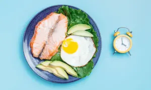 Tallrik med lax, ägg och avokado bredvid en väckarklocka. Dags för fasta 24 timmar.
