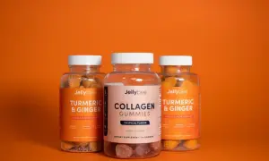 Tre burkar Jellybee-gummies: kollagen, gurkmeja & ingefära. Inga rapporterade kollagen biverkningar.