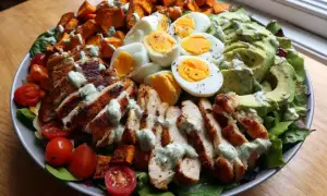 En stor, matig sallad med grillad kyckling, ägg, sötpotatis, avokado och tomater, toppad med en krämig dressing.
