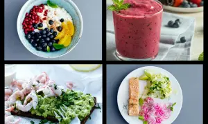 Frukostidéer för 5:2 dieten: gröt med bär, smoothie, räkmacka och lax med tillbehör.
