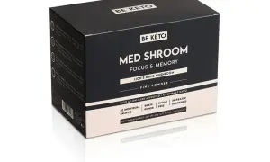 En kartong med "Med Shroom" pulver, som innehåller lejonman svamp för fokus och minne.