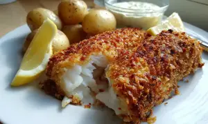 Krispig panerad torsk med kokt potatis, citronklyftor och en skål med sås. En klassisk svensk rätt som smakar ljuvligt.