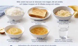 Mat efter magsjuka: ris, rostat bröd, banan, äppelmos, buljong och vätska. Skonsam mat för magen.