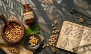 Nattokinase är bra för hjärt-kärlhälsa. Bilden visar sojabönor, kapslar och en bok om nattokinasens fördelar.