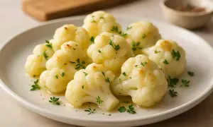 En tallrik med ångad blomkål, garnerad med persilja. Perfekt som tillbehör eller som en del av ett blomkålsmos recept.