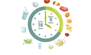 Klocka visar 16 timmars fasta och 8 timmars ätfönster, bra för att minska fasta inflammation. Mat och dryck illustrerar ätfönstret.