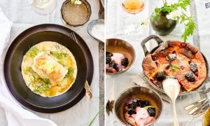 En härlig måltid med fransk mat: fisk i krämig sås och en söt bärpaj med hallon och björnbär.