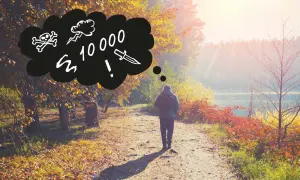 En person funderar på hur lång tid det tar att gå 10000 steg, med symboler för fara och utmaning i tankebubblan.
