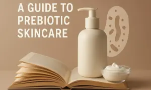 En guide till probiotika hudvård: en pumpflaska, en skål med kräm och en öppen bok.