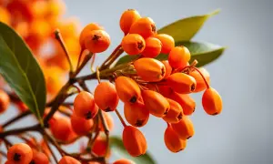 Klarorange bär på en gren, som påminner om berberine svenska. Gröna blad och en ljus bakgrund.