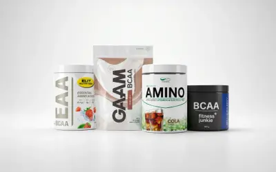 Flera BCAA-produkter och en EAA-produkt visas. Frågan "hur mycket bcaa per dag" kan besvaras med hjälp av informationen på förpackningarna.