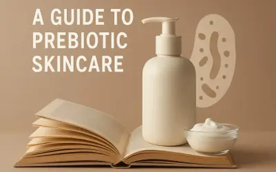 En guide till probiotika hudvård: en pumpflaska, en skål med kräm och en öppen bok.
