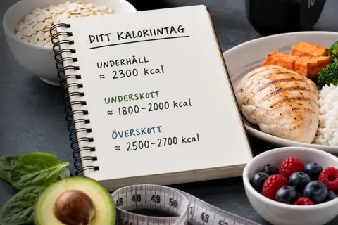 Anteckningar om ditt kaloriintag med uppskattningar för underhåll, underskott och överskott. Bredvid syns en tallrik med kyckling, ris och grönsaker.