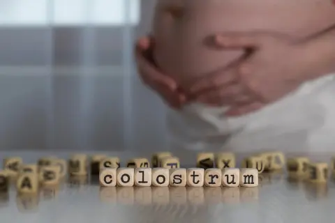 Gravid mage med händerna vilande på magen. Träpärlor med bokstäver bildar ordet "colostrum svenska", som beskriver den första mjölken.