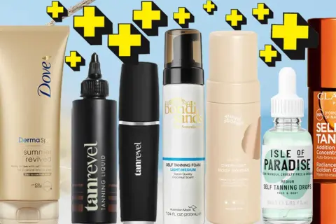 Flera produkter för att applicera brun utan sol, inklusive krämer, mousse och droppar, för en solkysst hud.