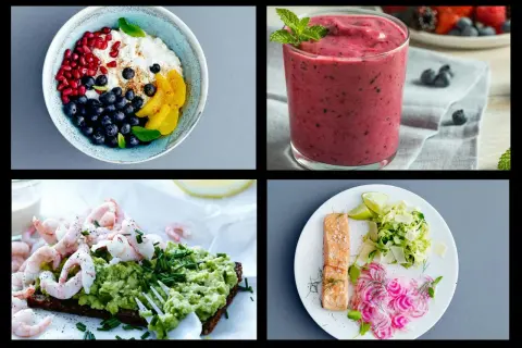 Frukostidéer för 5:2 dieten: gröt med bär, smoothie, räkmacka och lax med tillbehör.