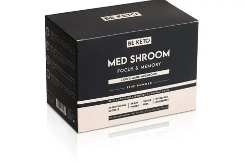 En kartong med "Med Shroom" pulver, som innehåller lejonman svamp för fokus och minne.