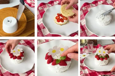 Steg för steg hur man dekorera jordgubbstårta med grädde, jordgubbar och blomsterdekorationer.