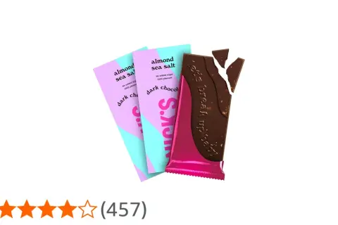 Nicks mörk choklad med mandel och havssalt, en bruten chokladkaka med rosa och turkosa förpackningar i bakgrunden.