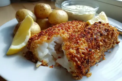 Krispig panerad torsk med kokt potatis, citronklyftor och en skål med sås. En klassisk svensk rätt som smakar ljuvligt.