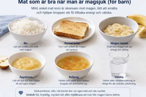 Mat efter magsjuka: ris, rostat bröd, banan, äppelmos, buljong och vätska. Skonsam mat för magen.