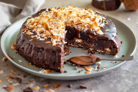 En saftig kladdkaka med kokostosca, täckt av chokladglasyr och toppad med rostad kokos. En sked med chokladsås ligger bredvid.