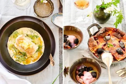 En härlig måltid med fransk mat: fisk i krämig sås och en söt bärpaj med hallon och björnbär.