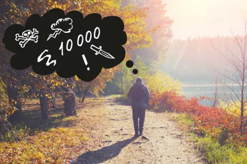 En person funderar på hur lång tid det tar att gå 10000 steg, med symboler för fara och utmaning i tankebubblan.