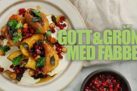 En tallrik med gyllene, grillade grönsaker, toppad med krämig sås, lingon och örter. Perfekt för att grilla vegetariskt!