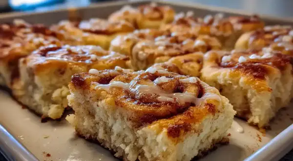 Nybakade bullar i långpanna, täckta med glasyr och kanel. Perfekt för fikat!