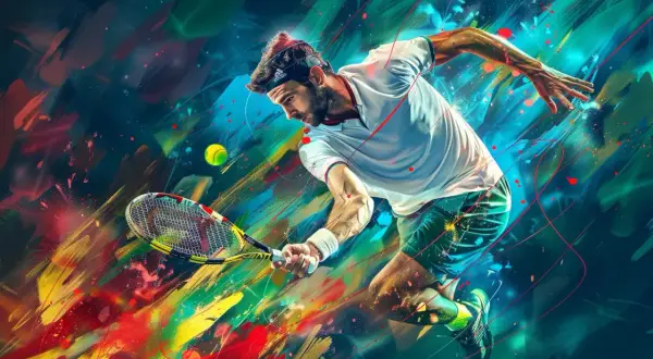 Tennisspelare i full aktion, en explosiv blandning av anaerob och aerob energi.