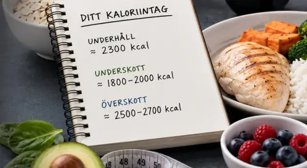 Anteckningar om ditt kaloriintag med uppskattningar för underhåll, underskott och överskott. Bredvid syns en tallrik med kyckling, ris och grönsaker.