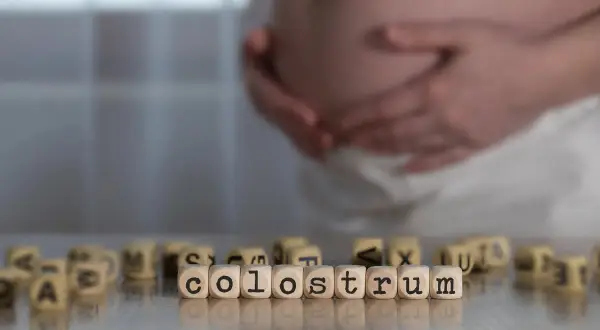 Gravid mage med händerna vilande på magen. Träpärlor med bokstäver bildar ordet "colostrum svenska", som beskriver den första mjölken.