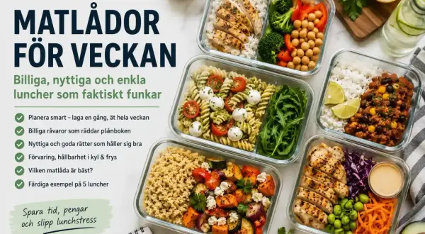 Fem olika billiga matlådor med kyckling, pasta, chili con carne och grönsaker. Perfekt för en veckas luncher.