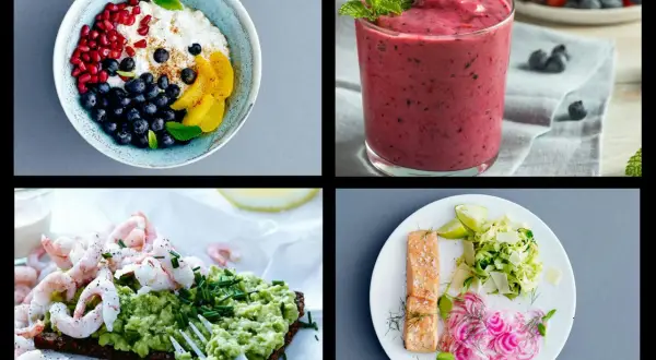 Frukostidéer för 5:2 dieten: gröt med bär, smoothie, räkmacka och lax med tillbehör.
