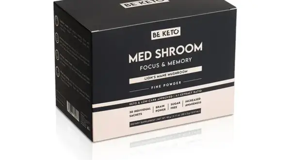 En kartong med "Med Shroom" pulver, som innehåller lejonman svamp för fokus och minne.