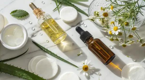 Naturliga oljor och aloe vera för torr hy med finnar. Kamomill och mint ger lugnande effekt.