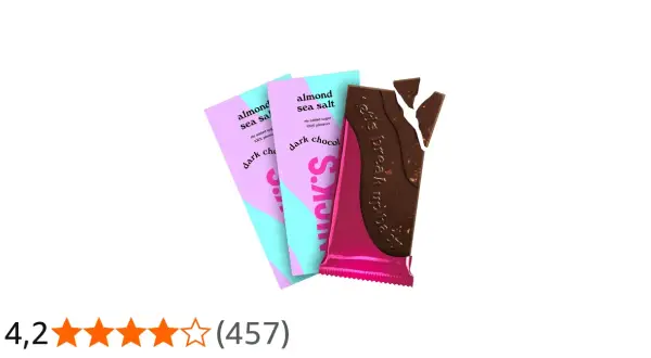 Nicks mörk choklad med mandel och havssalt, en bruten chokladkaka med rosa och turkosa förpackningar i bakgrunden.