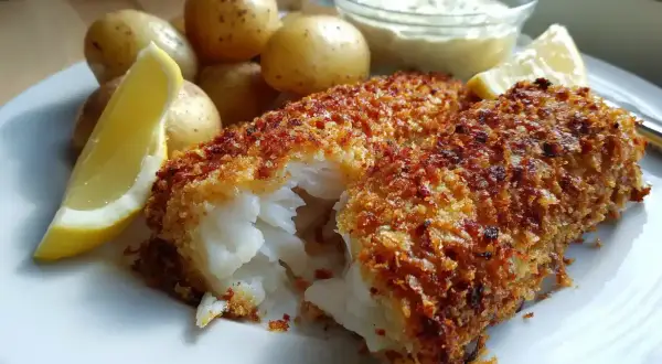 Krispig panerad torsk med kokt potatis, citronklyftor och en skål med sås. En klassisk svensk rätt som smakar ljuvligt.