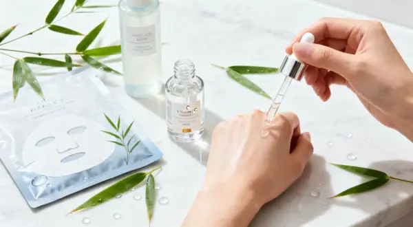 En hand applicerar C-vitaminserum för j beauty. Bambublad och sheet mask i bakgrunden.