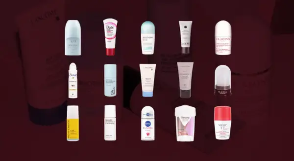 En samling deodoranter, inklusive en gul flaska från Moss & Noor After Workout Deodorant.