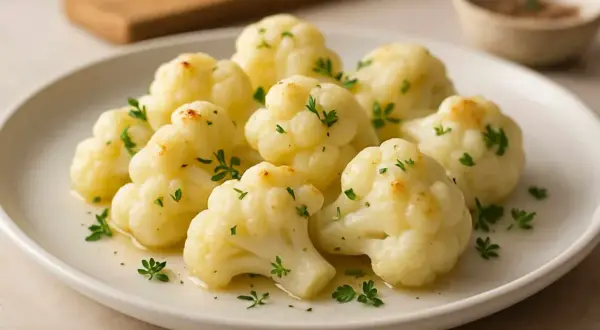 En tallrik med ångad blomkål, garnerad med persilja. Perfekt som tillbehör eller som en del av ett blomkålsmos recept.