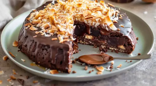 En saftig kladdkaka med kokostosca, täckt av chokladglasyr och toppad med rostad kokos. En sked med chokladsås ligger bredvid.