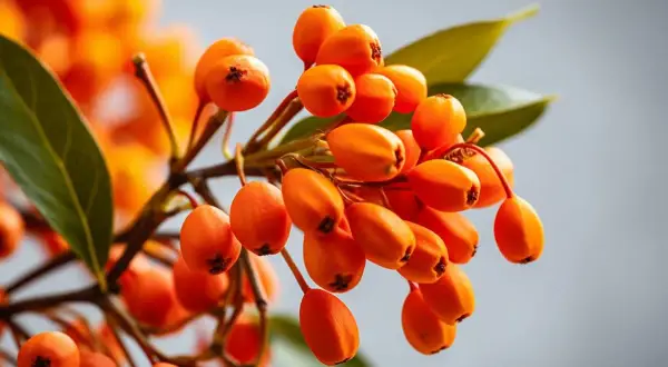 Klarorange bär på en gren, som påminner om berberine svenska. Gröna blad och en ljus bakgrund.