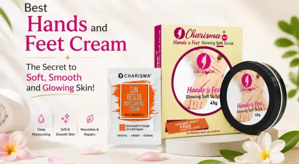 Charisma Hands & Feet Glowing Soft Scrub och en provpåse med Sun Rescue Moisturizing Cream. En fot och handsalva special för mjuk och strålande hud.