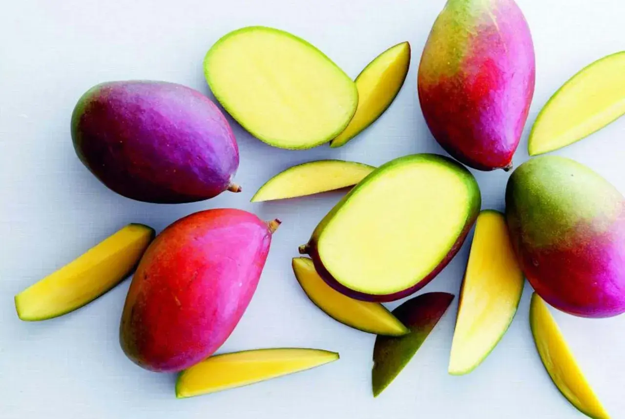 Flera färgglada mango frukt, hela och skurna i bitar, ligger utspridda på en ljus bakgrund.