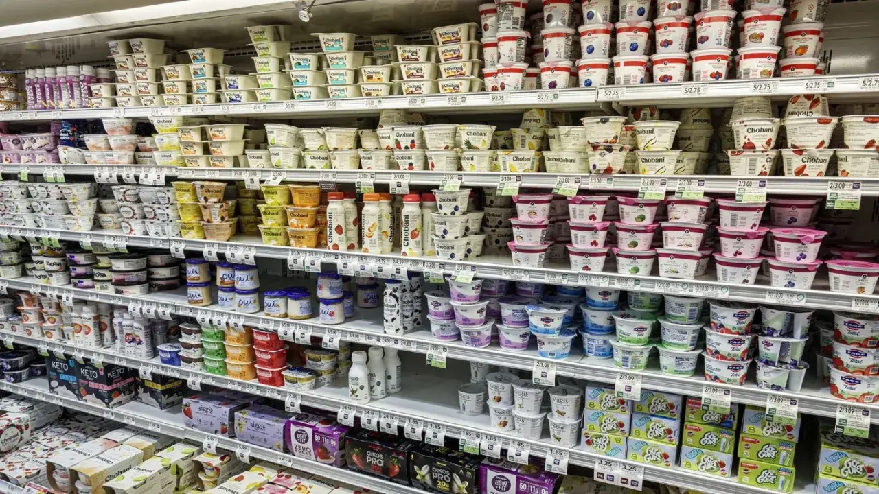 Hyllor fyllda med grekisk yoghurt, ett nyttigt och gott val för alla. Olika märken och smaker finns att välja mellan.