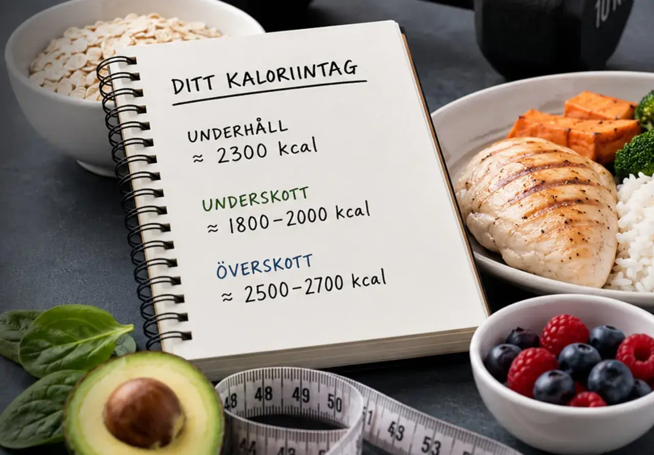 Anteckningar om ditt kaloriintag med uppskattningar för underhåll, underskott och överskott. Bredvid syns en tallrik med kyckling, ris och grönsaker.