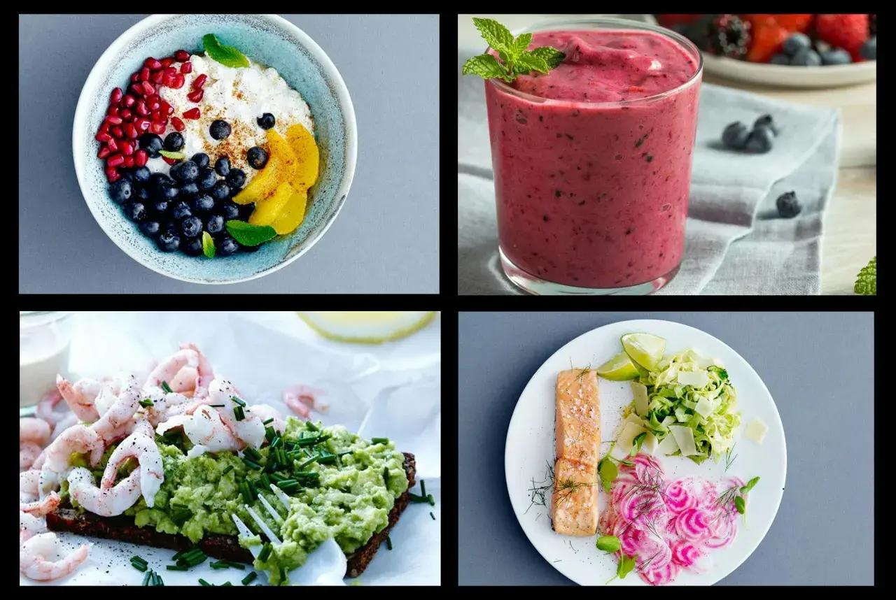 Frukostidéer för 5:2 dieten: gröt med bär, smoothie, räkmacka och lax med tillbehör.