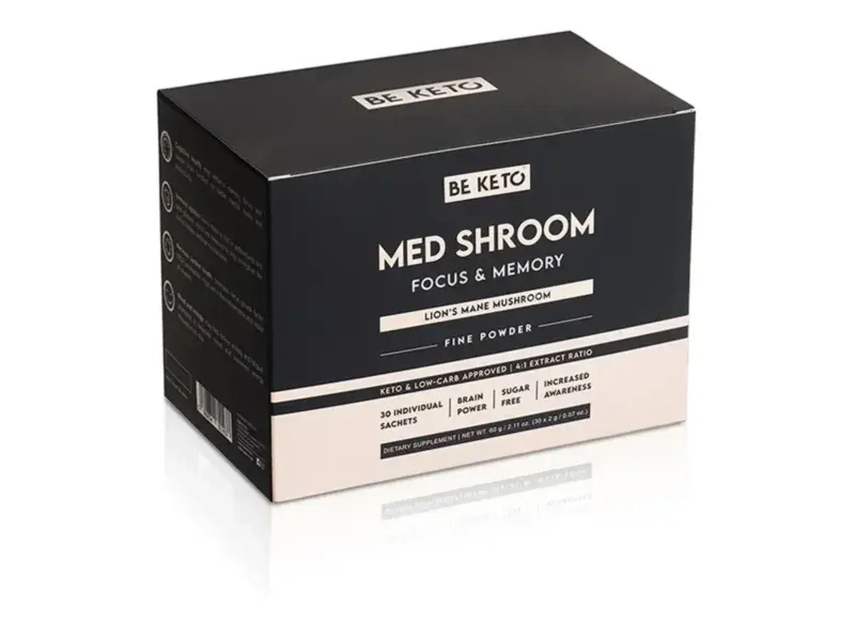 En kartong med "Med Shroom" pulver, som innehåller lejonman svamp för fokus och minne.